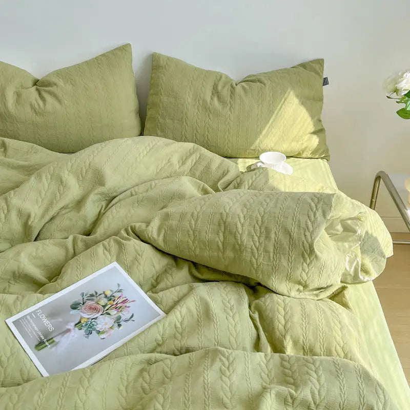 INS jacquard Wheat Grain Bedding Set Solid Color Duvet Cover Pillow Case Sheet Adults Girls Washed Cotton Bed Linen King Queen