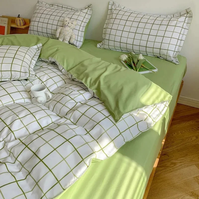 Nordic Pink Checkerboard Duvet Cover Sets With Pillowcases Flat Sheet Kids Girls Boys Full Queen Twin Size Kawaii Bedding Kit