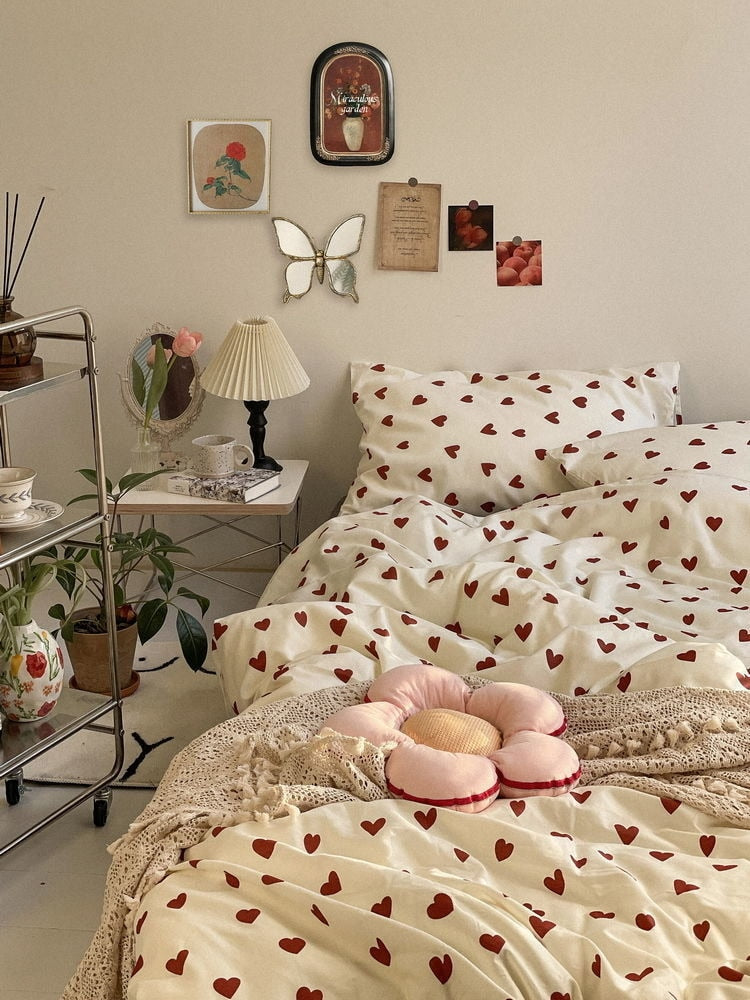 NEW Red Love Patter 100% Cotton Girl's HomeTextile Duvet Cover and Bedsheet Quilt Cover Soft Luxury Bedding Set Ins Fashion