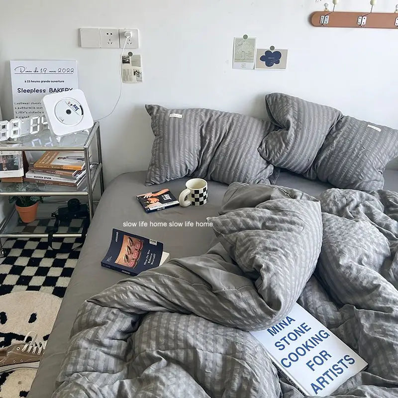 Bedding Set Luxury High Grade Light Washable Cotton Waffle Four Piece Olive Green Quilt Cover Bed Sheet Dormitory Three Piece