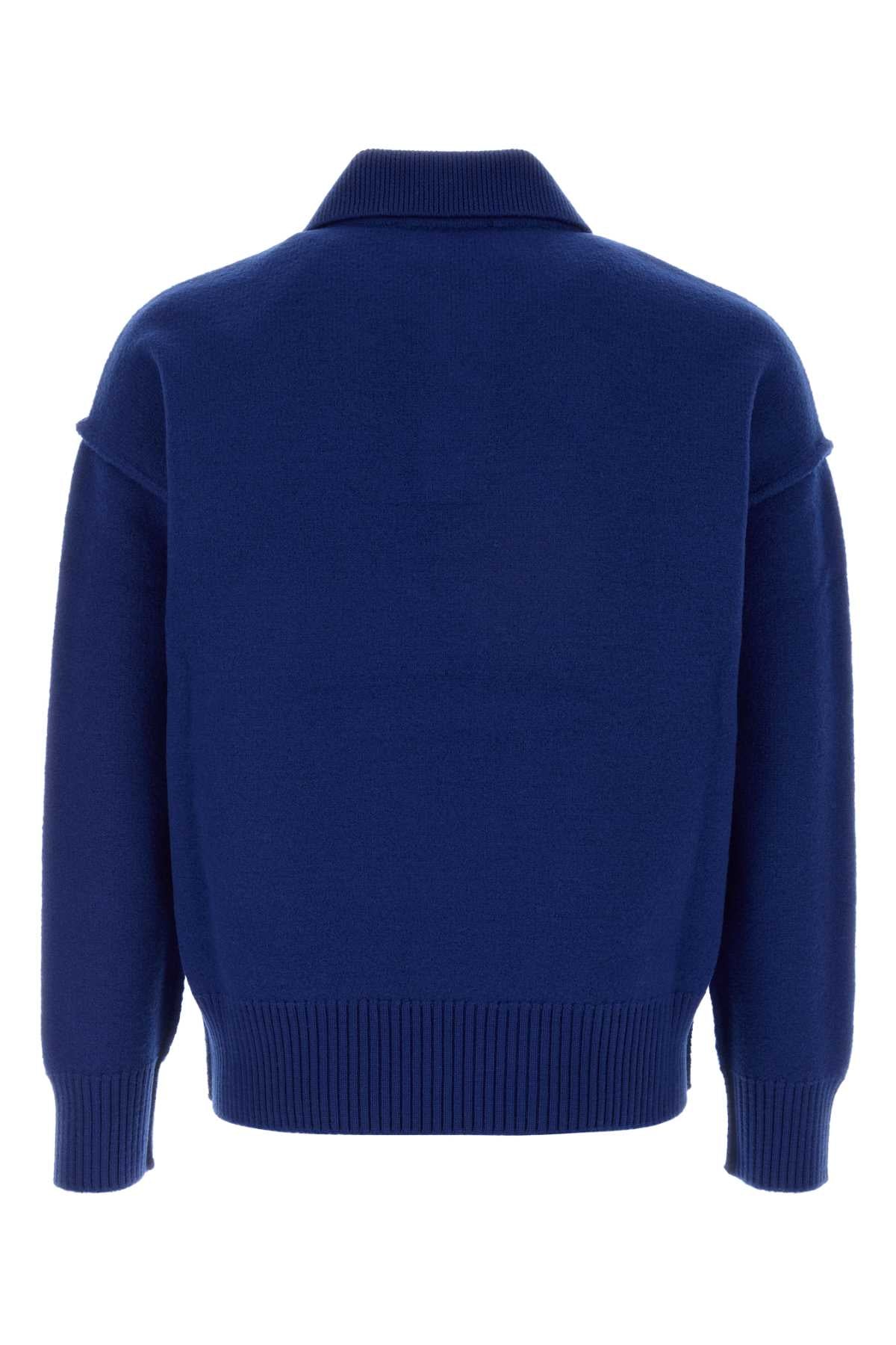 AMI Paris Heart-Embroidered Virgin Wool Polo Sweater — Blue