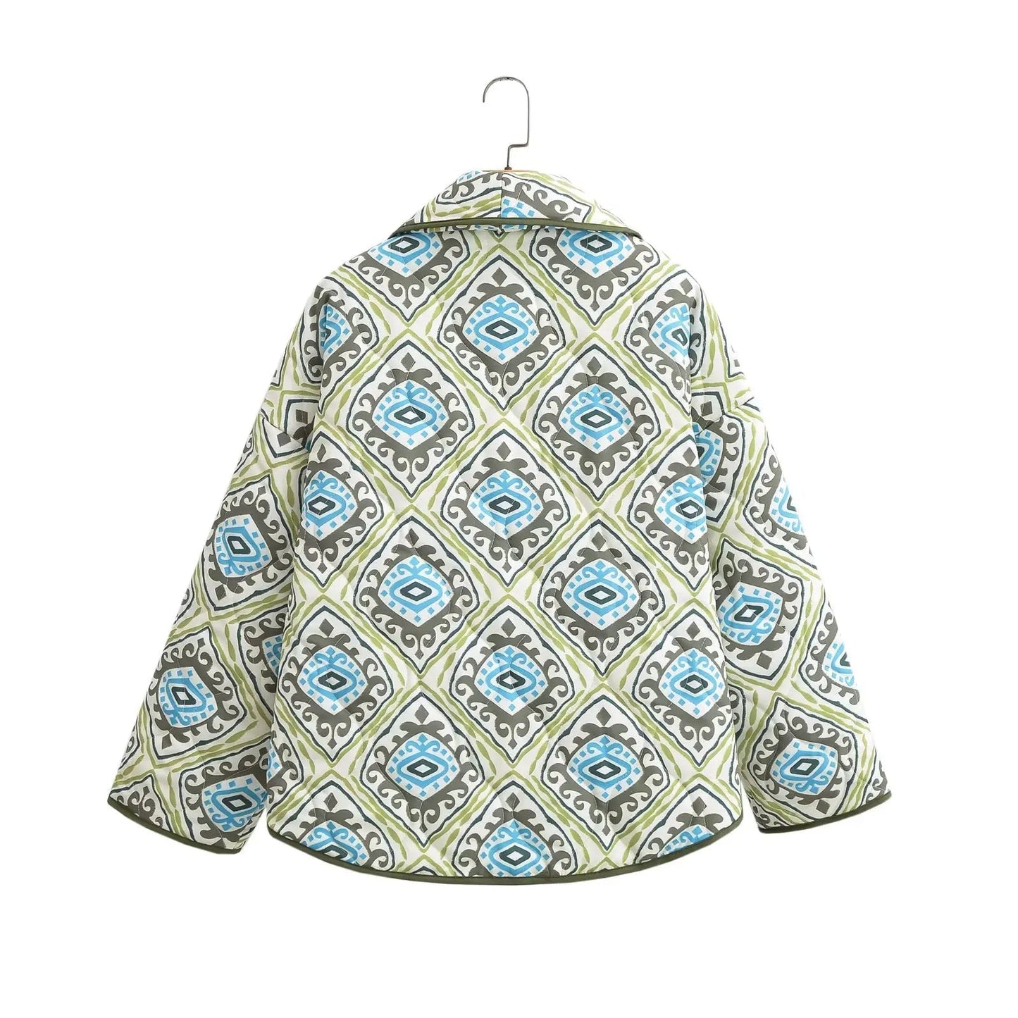 Green Paisley Flower Print Lapel Quilted Jacket