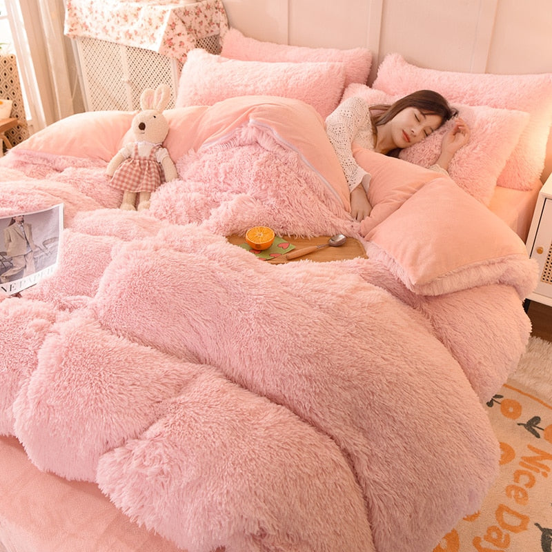 2/3/4Pcs Solid Long Hair King Duvet Cover Set Winte Grey Fannel Fleece Bedding 200*230cm Bedclothes