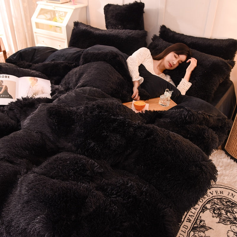 2/3/4Pcs Solid Long Hair King Duvet Cover Set Winte Grey Fannel Fleece Bedding 200*230cm Bedclothes
