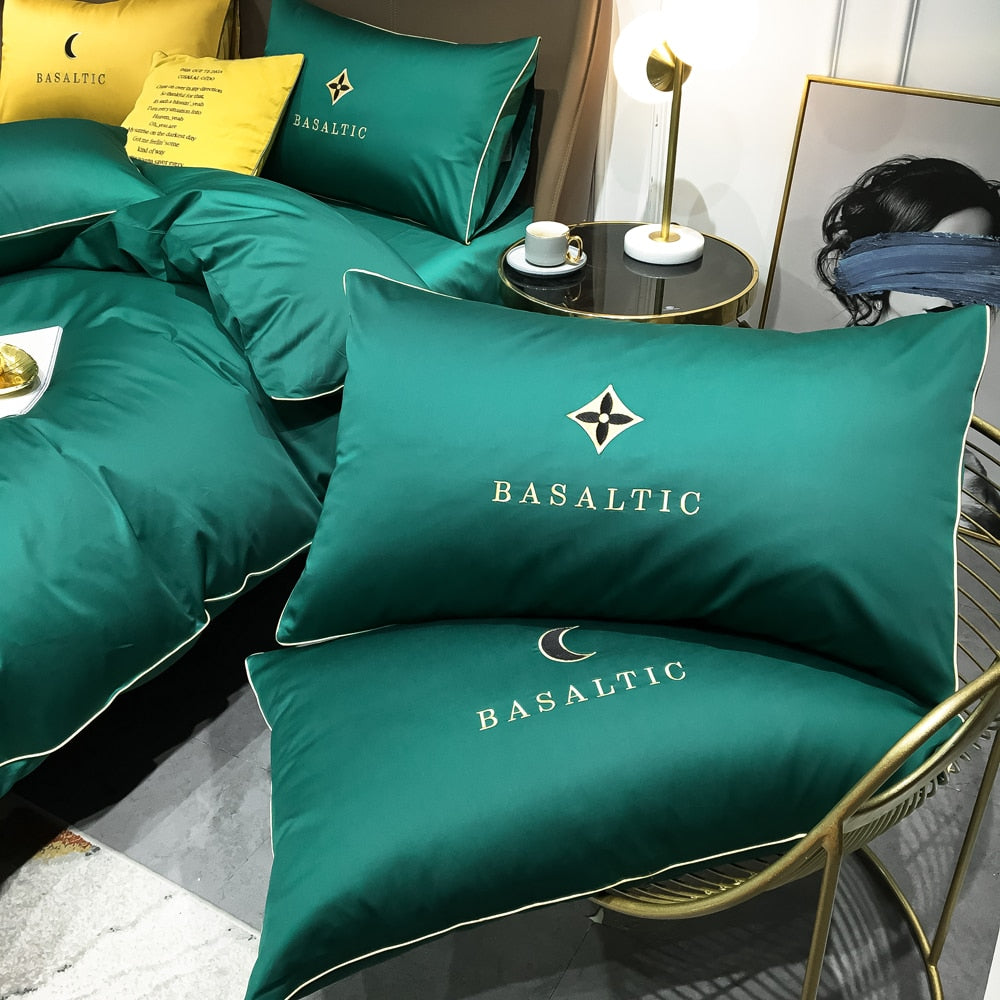 Four-piece bedding light luxury cotton double household bed sheet quilt cover embroidered little bee fashion bedding green
