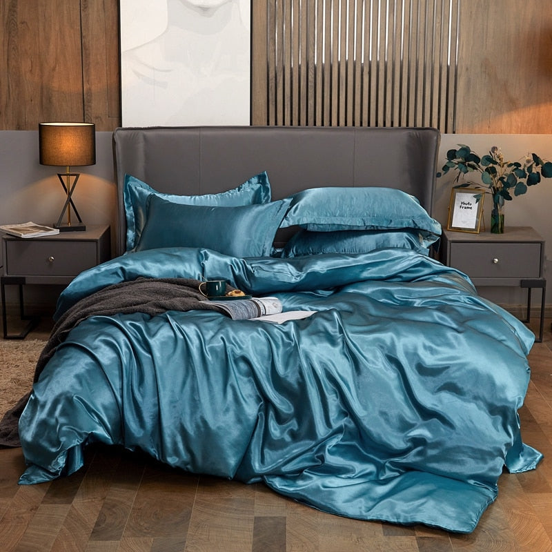 NEW Bedding Sets Rayon Fabric Luxury Duvet Cover Set Twin Gueen King Size Bed Sets Solid Color Bedclothes Sets