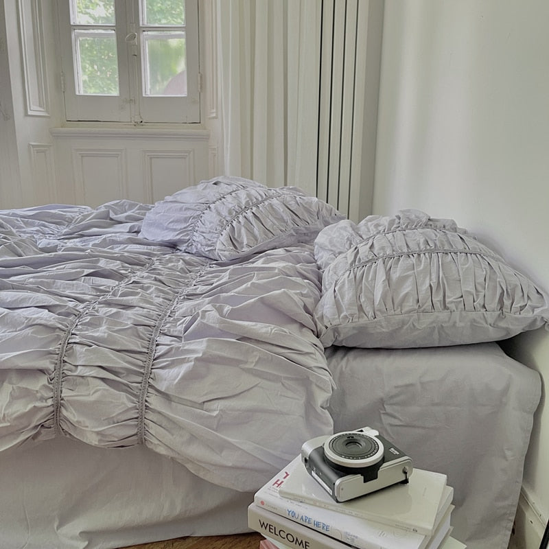 Literary Fold Bubble Bedding Set 40S Washed Cotton Soft Double Size Adult Kid Bed Sheet Set Pillowcase Duvet Cover Set 4pcs