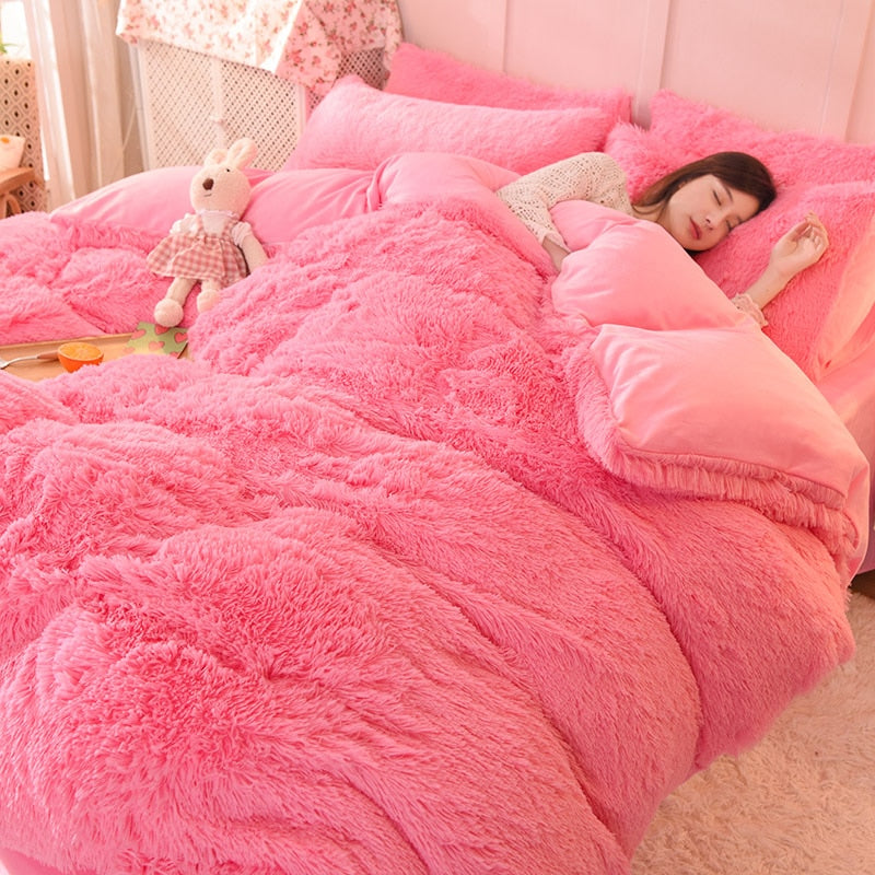 2/3/4Pcs Solid Long Hair King Duvet Cover Set Winte Grey Fannel Fleece Bedding 200*230cm Bedclothes