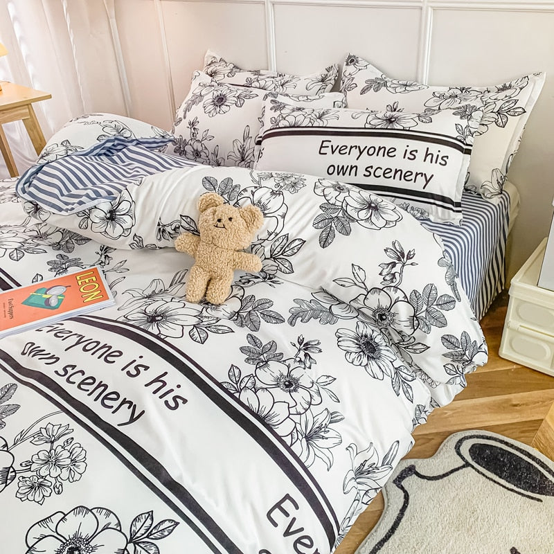 Cotton Home Textile Rose Floral Bedding Set Boy Girl Duvet Cover Flat Sheet Pillowcase Aesthetic Bedcloth Double Queen Bed Linen