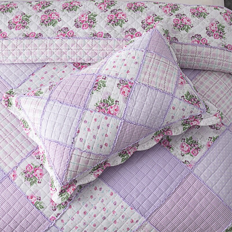 Single Double Bed 100%Cotton Purple 3pcs Printed Quilted Quilt Pillowcase Free Shipping len?ol de cama casal ?????