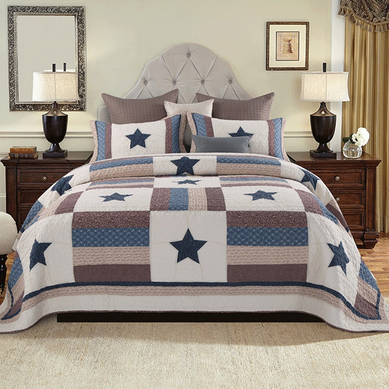 Double Bed Cotton Printed Patchwork Pentagram Set Of 3 Quilted Quilt Light Quilt Pillowcase