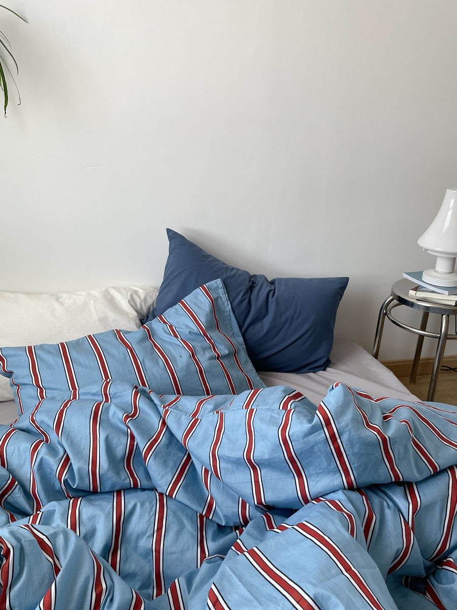 New 100% Cotton Blue Bedding Set Luxury Simple Striped Bed Sheet Quilt Cover Pillow Case Bed Hat Fashion Design 2.0m/1.2m Bed