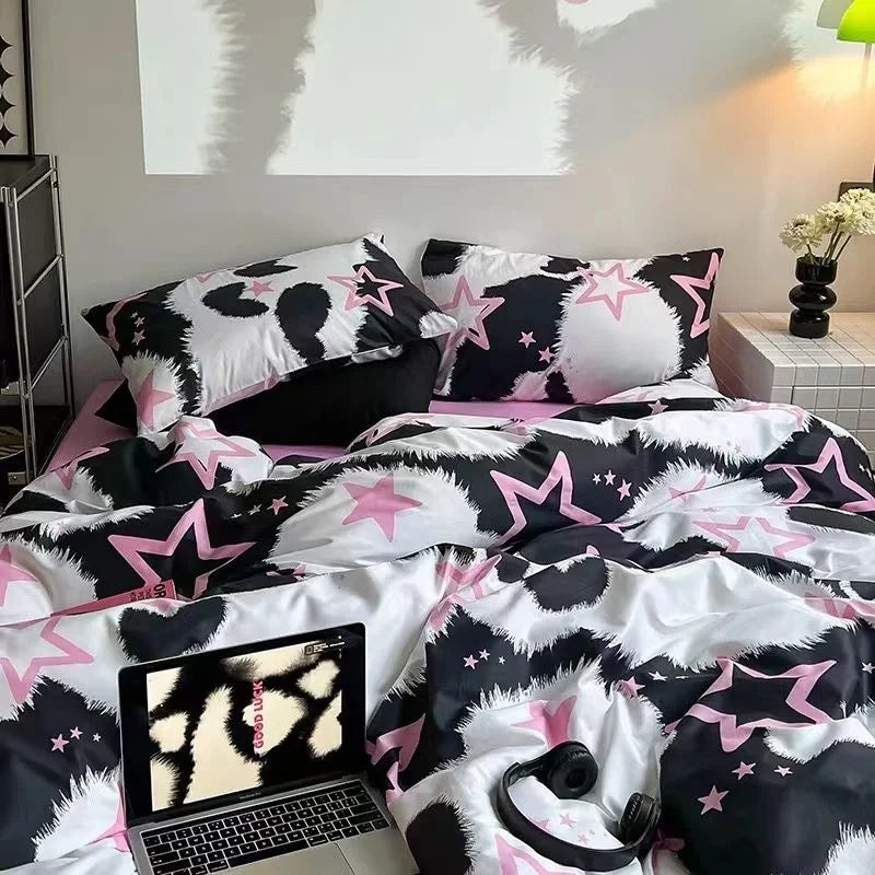 Fashion Style Pink Black Bedding Set Soft Flower Duvet Cover Pillowcase Bed Flat Sheet Set For Girl Double Queen King Bedclothes