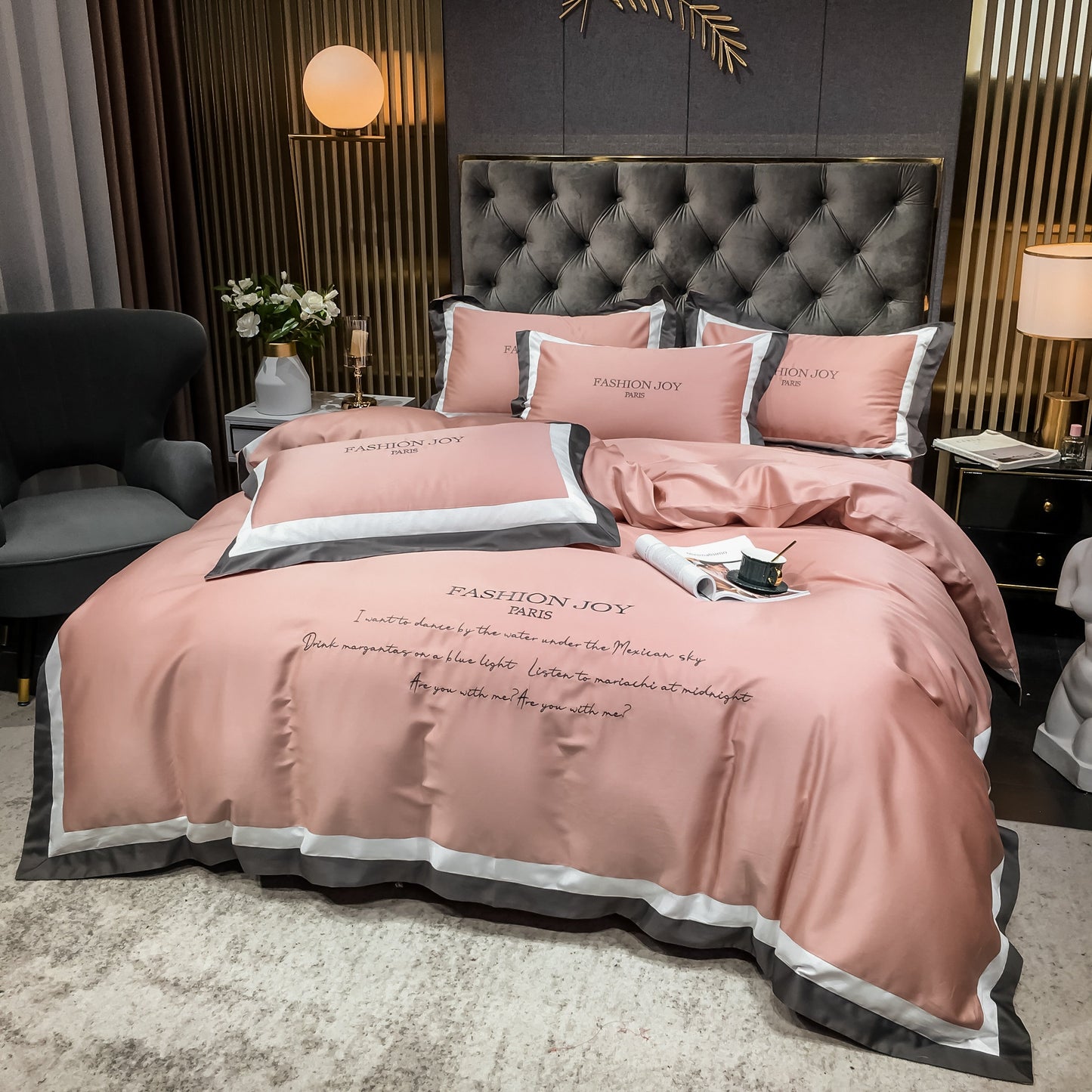 new four-piece bedding fashion cotton double household bed sheet quilt cover splicing design bedding pink color