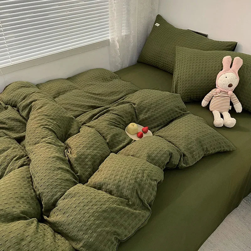 Waffle Four Piece Set Simple Washed Cotton Solid Color Bed Sheet Duvet Cover Pillowcase No Duvet and Pillow Core Bedding Set