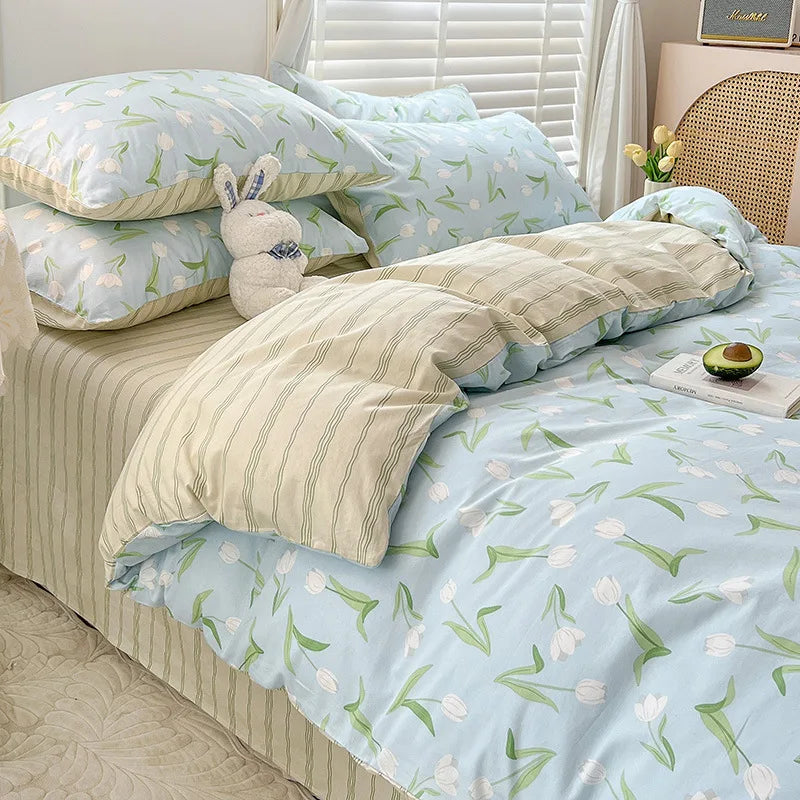 Ins Style Bedding Set Cotton Soft Flat Fitted Sheet Duvet Cover Pillowcase Floral Rabbit Boy Girls Home Textile Bedclothes
