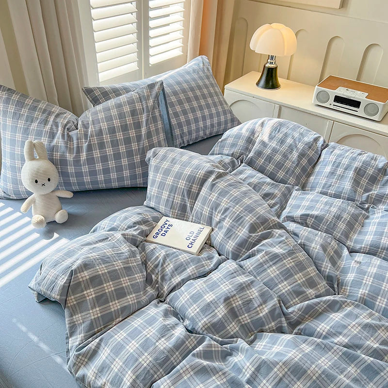 4 New Lattice Duvet Cover Set with Sheet Pillowcases No Filling Warm Bed Linen Twin Full Queen Size Grid Home Bedding Set