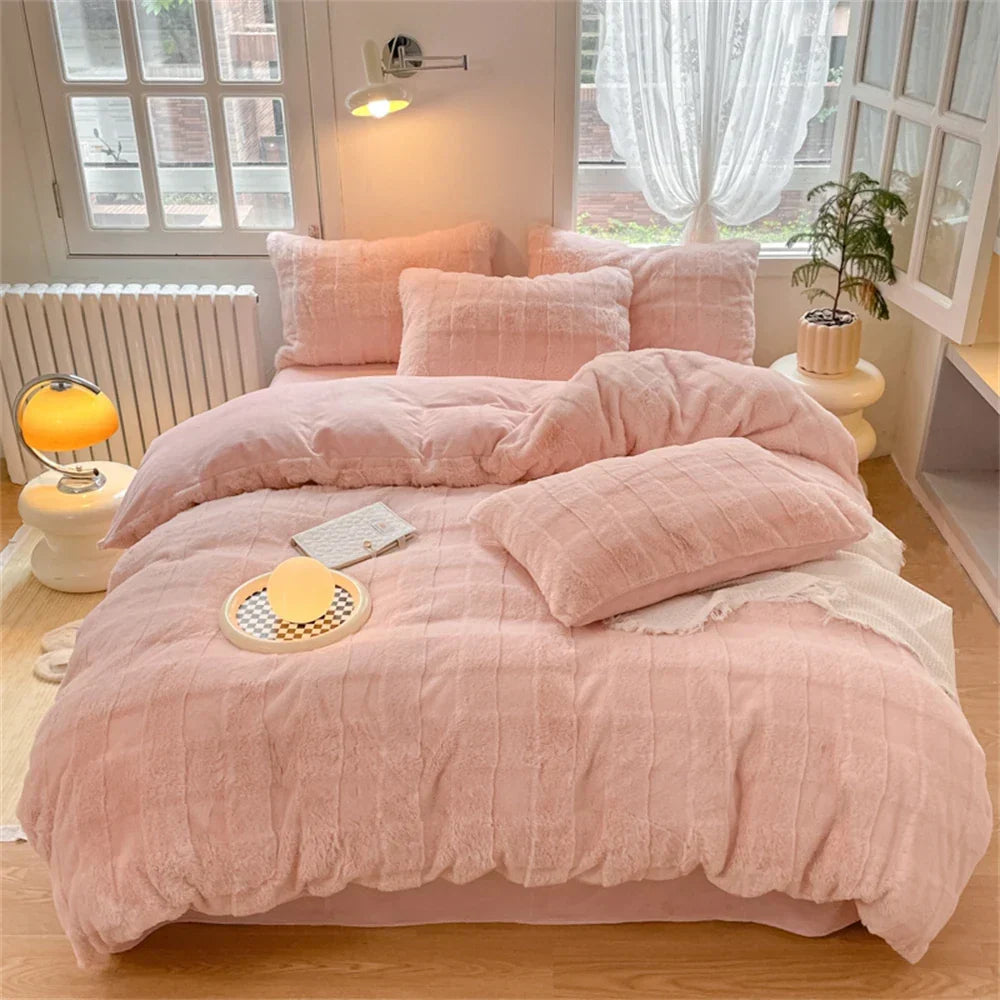 Rabbit Plush Bedding Sets Milk Velvet Warm Four Piece Set Thicken Quilt Cover Bed Linen Pillowcase King Bedroom Decor