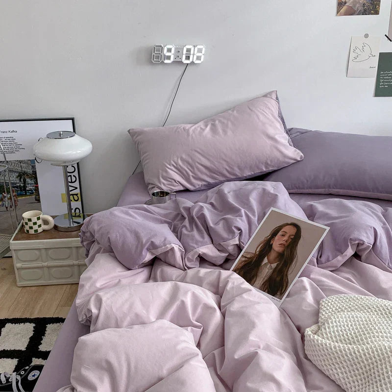 Nordic Princess Purple Girls Bedding Set Single Double Size Flat Sheet Solid Color Duvet Cover Pillowcase Bed Linen Home Textile