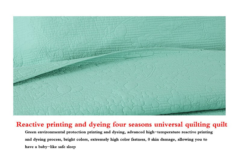 Double Bed 100% Cotton Pure Green 3pcs Printed Quilted Quilt Pillowcase Free Shipping