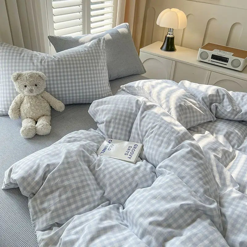 Classic Plaid Bedding Set Grey Pink Ins Twin Queen Duvet Cover Flat Sheet Pillowcase No Filler Girl Boys Hotel Home Bed Linens