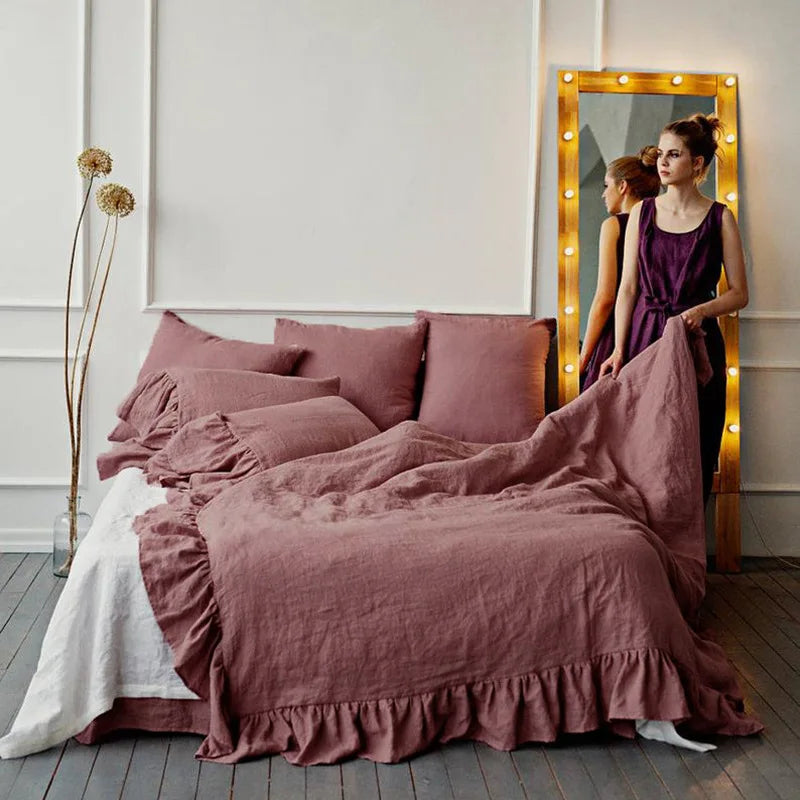 3PCS 100% Pure Linen Ruffle Duvet Cover Set Pillowcase And Duvet Cover Double Queen King Size Soft Bed Set Flax Bedding Kit