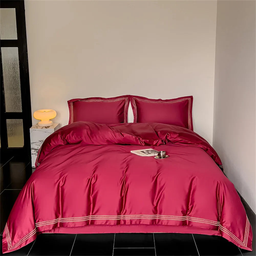 1200TC Embroidered Egyptian Cotton Bedding Set 4pcs King Queen Size Solid Sheet Duvet Cover Pillowcase Bed Linens