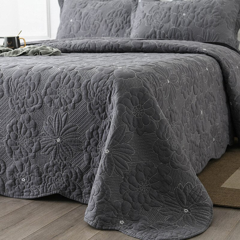 100% Cotton Grey Flowers 3pcs Embroidered Quilted Quilt Pillowcase Free Shipping