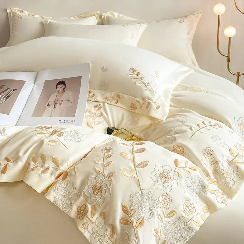 4pcs/set Light Luxury 120s Pure Cotton Floral Embroidered Quilt Cover Pillowcases Fitted Sheet Skin-friendly Naked Bedding Set