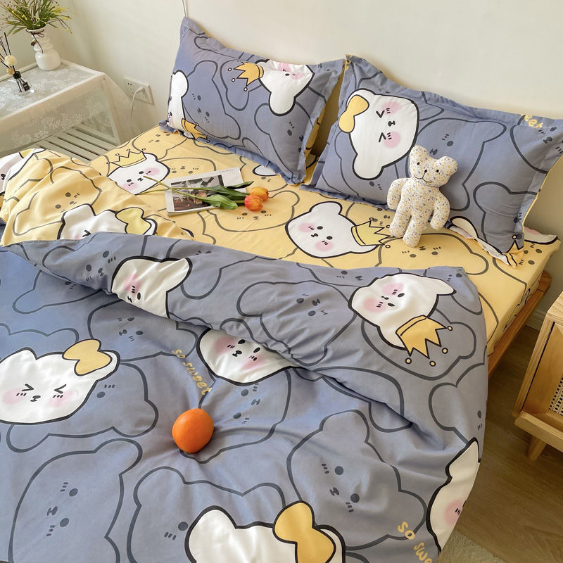 King Size Bedding Set with Quilt Cover Flat Sheet Pillowcase Kids Girls Boys Checkerboard Pinted Single Double Bed Linen