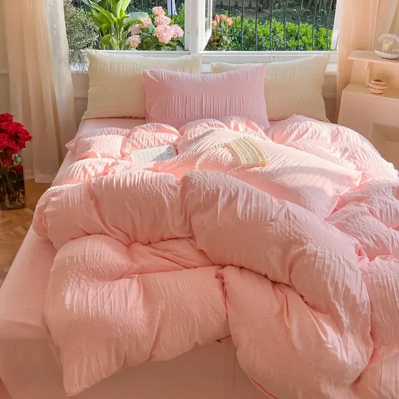 Korean Princess Seersucker Bedding Set Duvet Cover Flat Sheets Pillowcase Bed Sheet Set Soft Comforter Cover Bed Linens Set