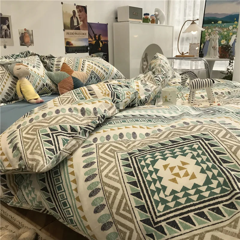 Simple Nordic Bed Four-Piece Set All Cotton Pure Cotton Quilt Cover Bohemian Style 1.5 M1.8 M Apartment Fitted Sheet