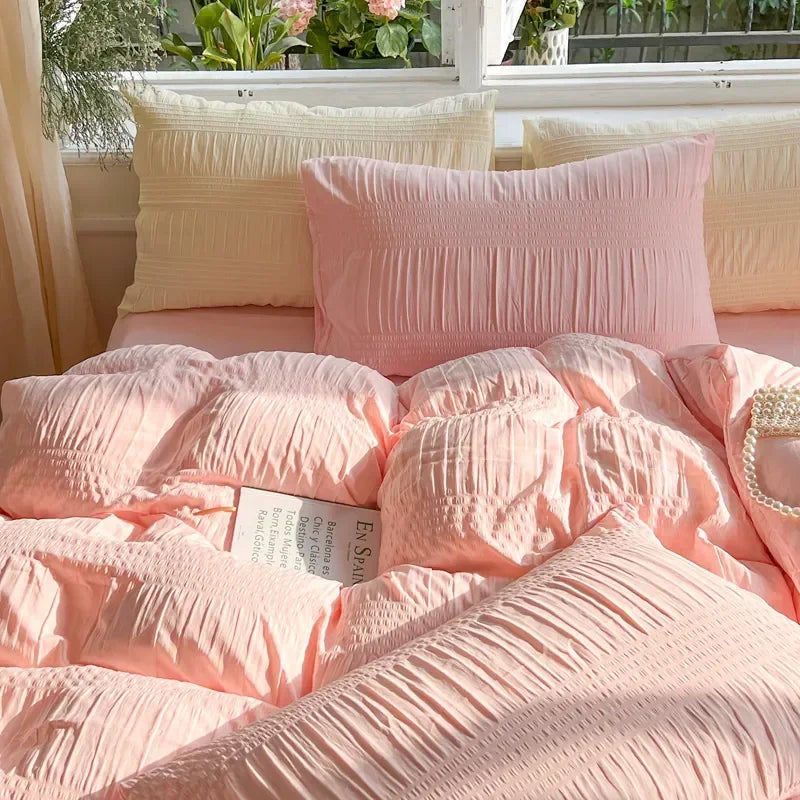 Korean Princess Seersucker Bedding Set Duvet Cover Flat Sheets Pillowcase Bed Sheet Set Soft Comforter Cover Bed Linens Set