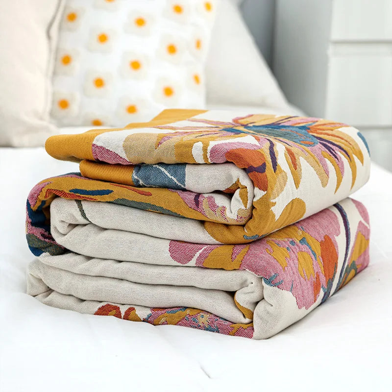 Textile City Ink Flower Fragrance Cotton Multi-layer Gauze Towel Quilt Summer Cool Throw Blanket Bedroom Comfy Bed Sheet 240x250