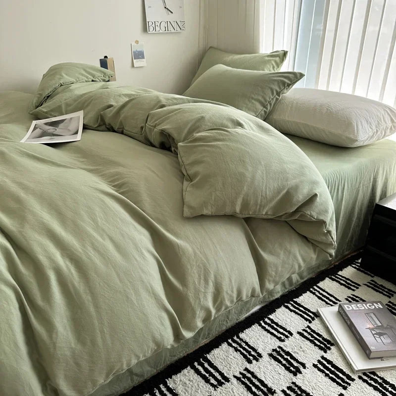 Bed Linen Solid Cotton Bedding Set with Sheet Duvet Cover Pillowcases Single Couple Bedsheet King Queen Double Twin Size