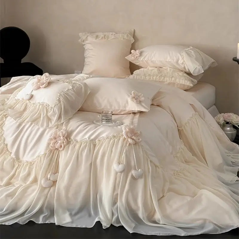Apricot Color Princess Wedding Bedding Set 1000TC Egyptian Cotton Lace Ruffles Duvet Cover Bed Sheet/Fitted Sheet Pillowcases