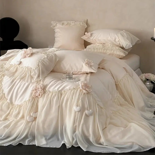 Apricot Color Princess Wedding Bedding Set 1000TC Egyptian Cotton Lace Ruffles Duvet Cover Bed Sheet/Fitted Sheet Pillowcases