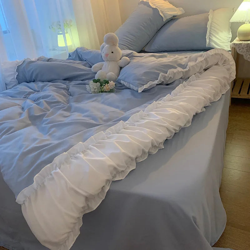 Ins Princess Wind Quilt Cover Four-piece Set Girly Heart Solid Color Bed Sheet Dormitory Bed Three-piece Set Linen Sheets Sets