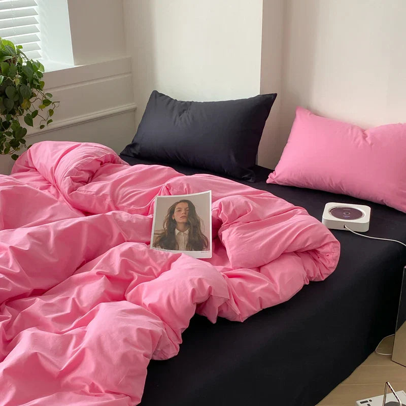 Black Rose Bedding Set Solid 3/4pcs Home Linens Contrast Duvet Cover Pillowcase Flat/Fitted Sheet King Brife Sexy Room Decor