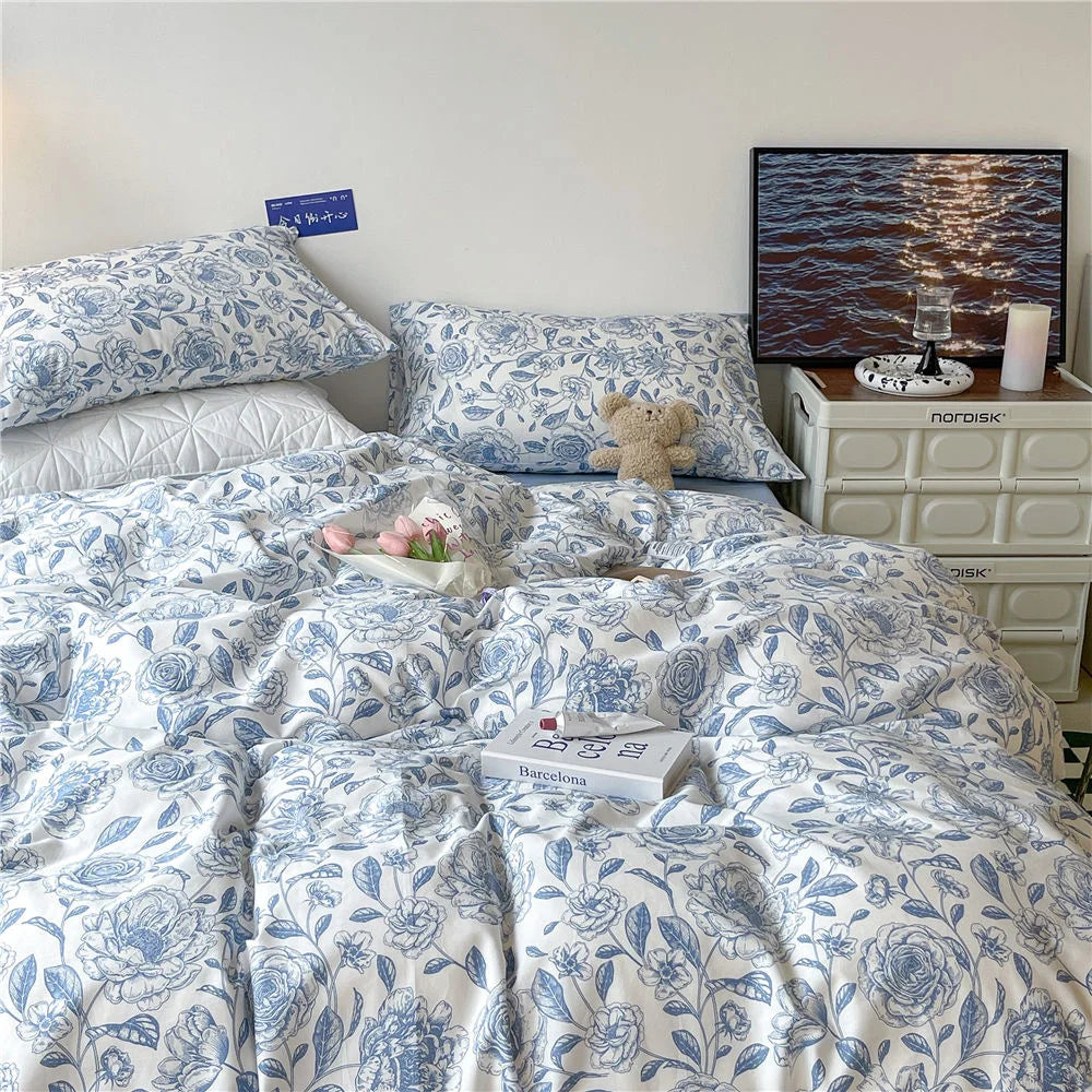 Fashion Style Pink Black Bedding Set Soft Flower Duvet Cover Pillowcase Bed Flat Sheet Set For Girl Double Queen King Bedclothes