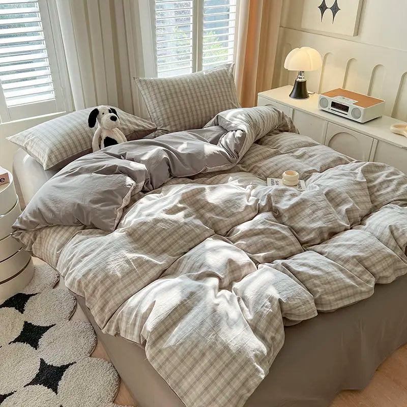 Classic Plaid Bedding Set Grey Pink Ins Twin Queen Duvet Cover Flat Sheet Pillowcase No Filler Girl Boys Hotel Home Bed Linens