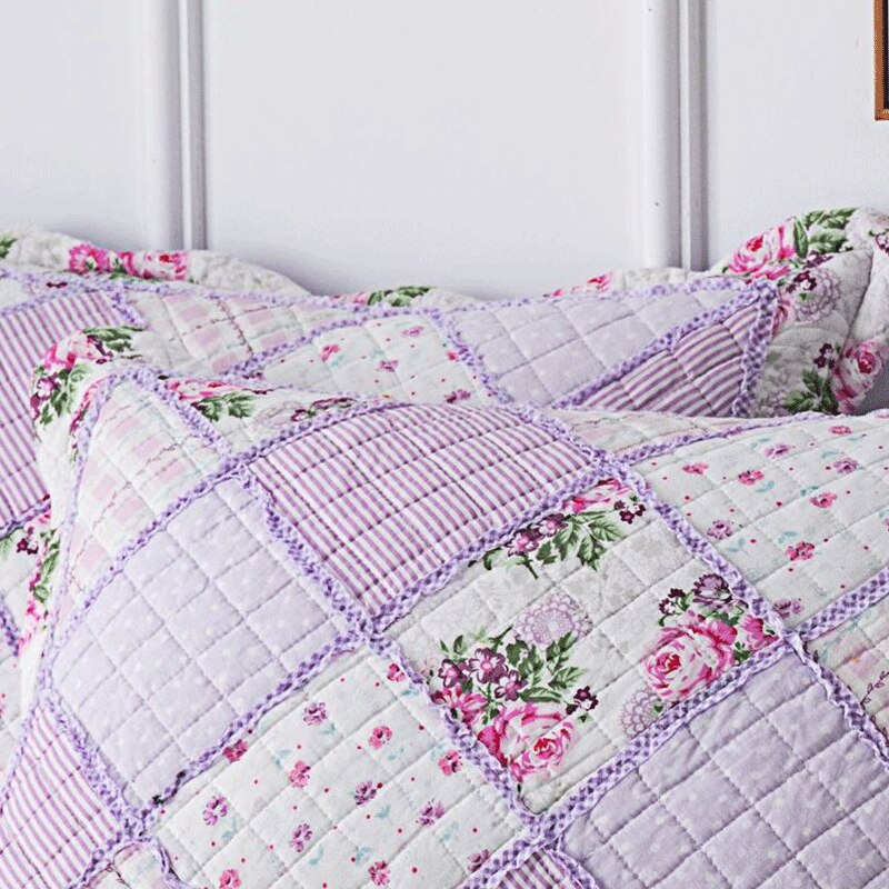 Single Double Bed 100%Cotton Purple 3pcs Printed Quilted Quilt Pillowcase Free Shipping len?ol de cama casal ?????
