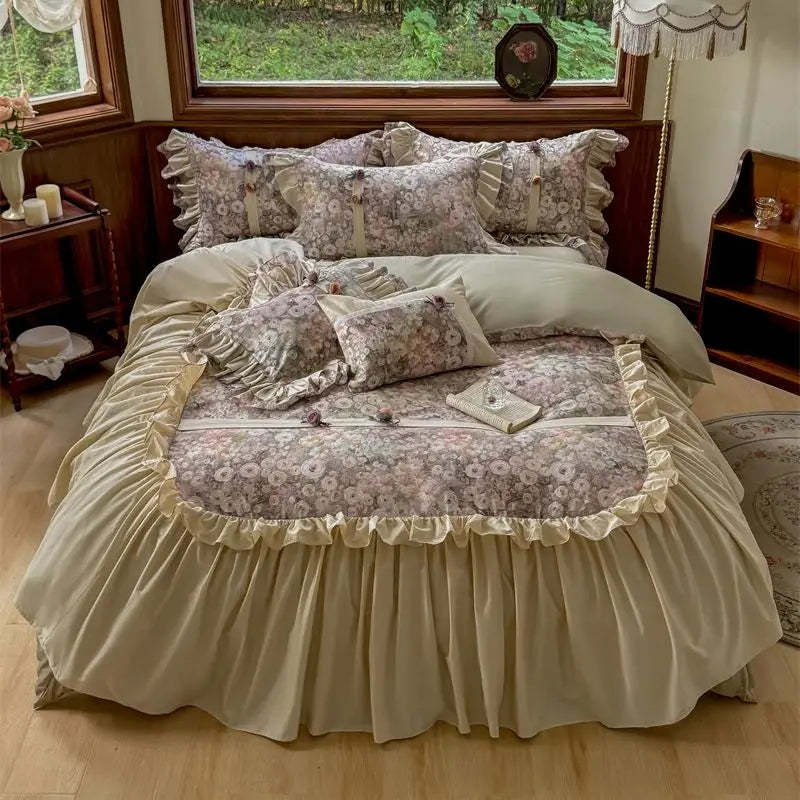 4/5Pcs Vintage French Style Flowers Pleated Lace Ruffles Bedding Set Egyptian Cotton Duvet Cover Bed Skirt Bed Sheet Pillowcases