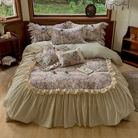4/5Pcs Vintage French Style Flowers Pleated Lace Ruffles Bedding Set Egyptian Cotton Duvet Cover Bed Skirt Bed Sheet Pillowcases