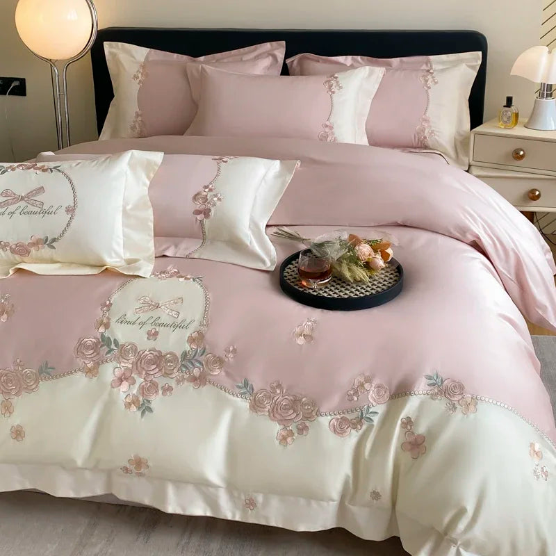 4pcs/Set Class A Grade High-end 200s Long-staple Pure Cotton Embroidery Quilt Covers Pillowcases Sheet  Bedding Set