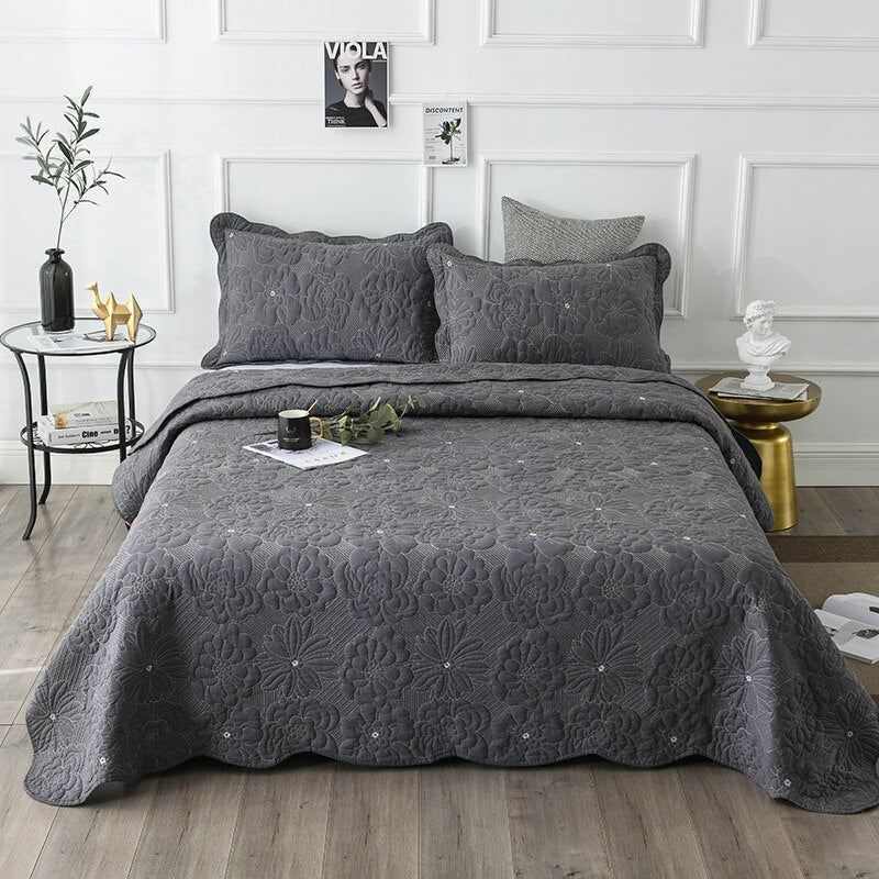 100% Cotton Grey Flowers 3pcs Embroidered Quilted Quilt Pillowcase Free Shipping
