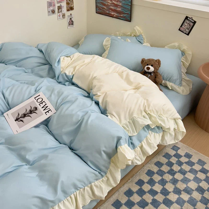Ins Princess Bedding Set 4 New Duvet Cover Fresh Blue Solid Color Floral Wrinkled Yann Bed Set Of Four Pieces Bed Sheets