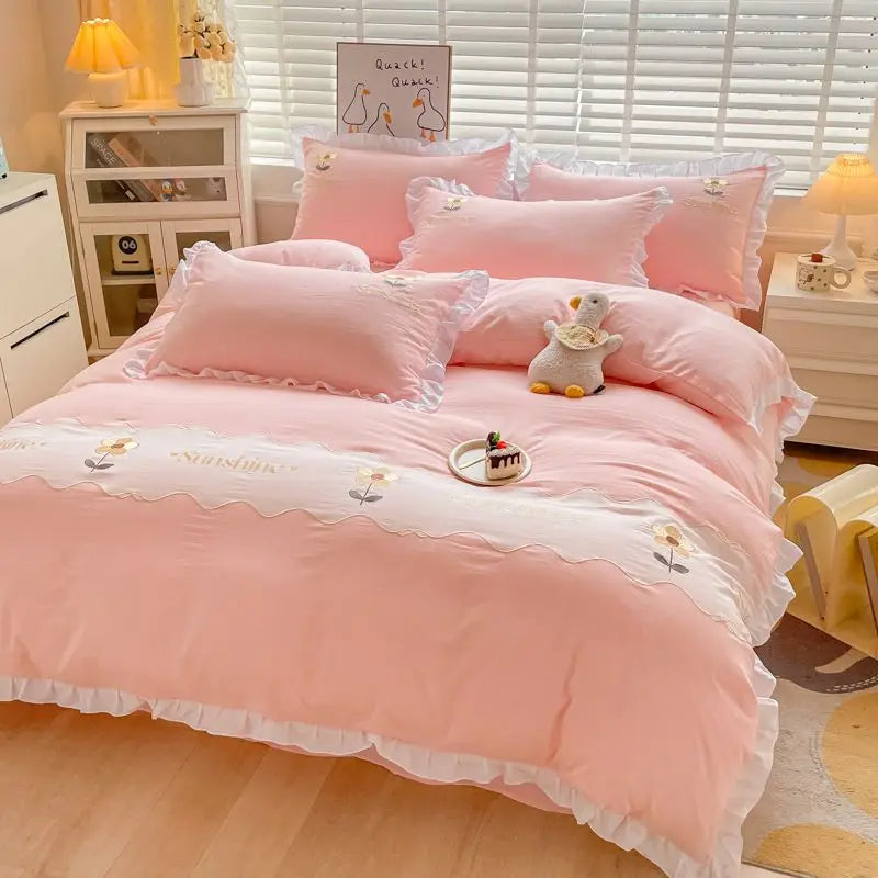 Ins Korean Style Bedding Set with Ruffles Princess Duvet Cover No Filling Flat Sheet Pillowcases Kit Girls Blue Pink Solid Color