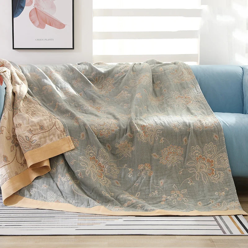 Textile City Cotton 5 Layer Gauze Towel Quilt Flower Pattern Quality Blanket Summer Nap Blanket for Couples 200cmx230cm
