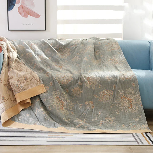 Textile City Cotton 5 Layer Gauze Towel Quilt Flower Pattern Quality Blanket Summer Nap Blanket for Couples 200cmx230cm